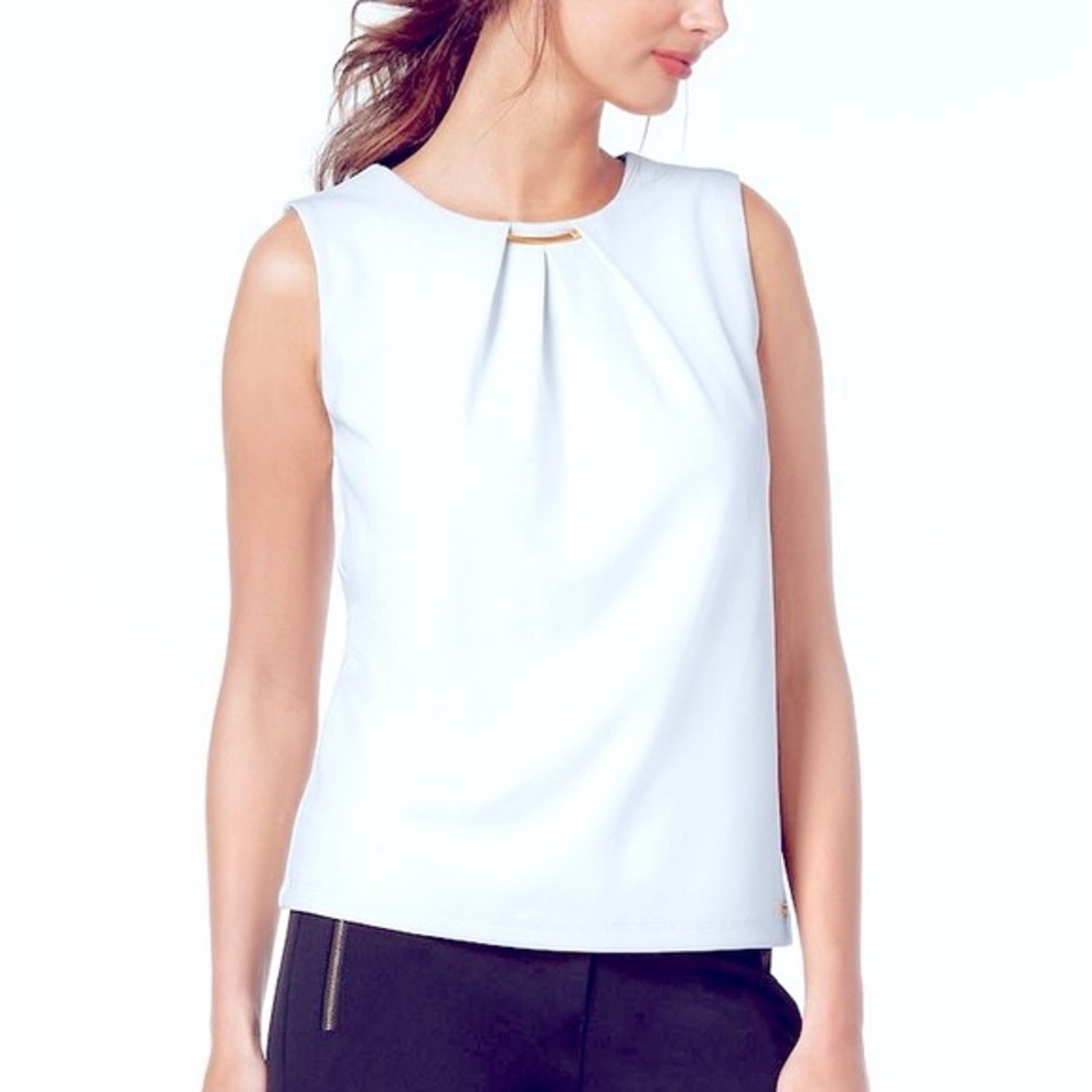 Calvin Klein Pleated White Sleeveless Blouse Gold Tank Medium